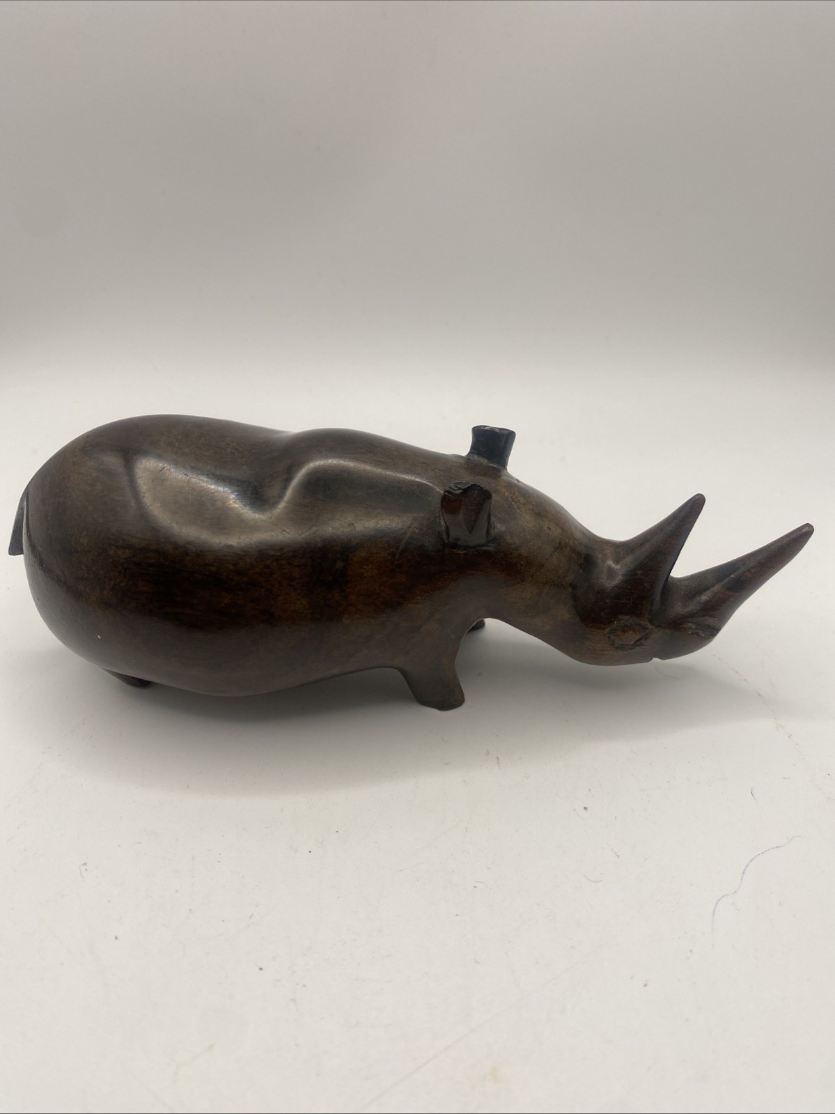 VTG African Hand Crafted Ebony Or Ironwood Rhinoceros Sculpture Figurine 6x2”