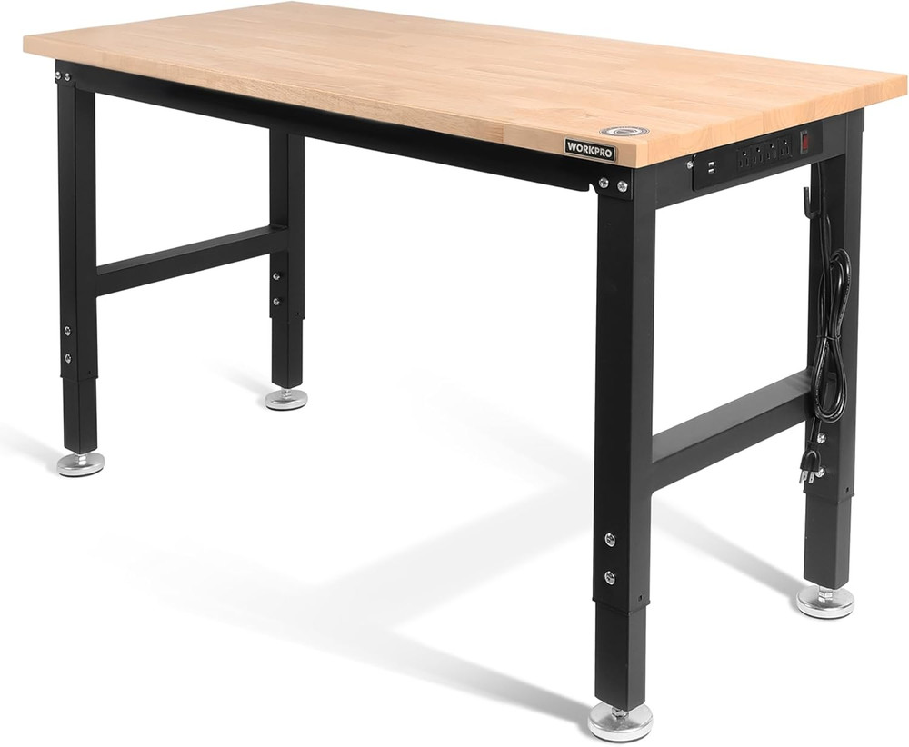 48" Adjustable Workbench, Rubber Wood Top Heavy-Duty Workstation, 2000 LBS Load