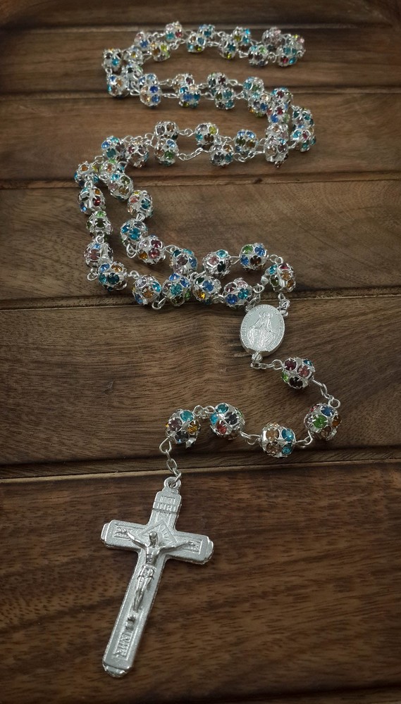 Colorful Zircon Beads Silver Rosary Catholic Necklace Miraculous Medal Cross