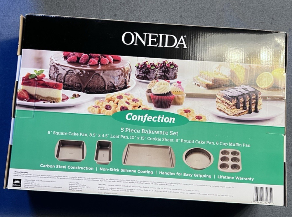 Oneida Confection 5 Pc Bakeware Set Muffin, 2 Cake, Loaf Pan, Cookie Sheet NIB