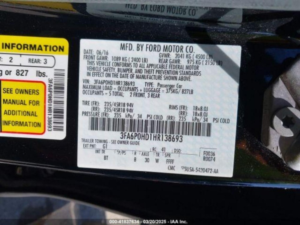 2017 FORD FUSION LR Door Trim Panel