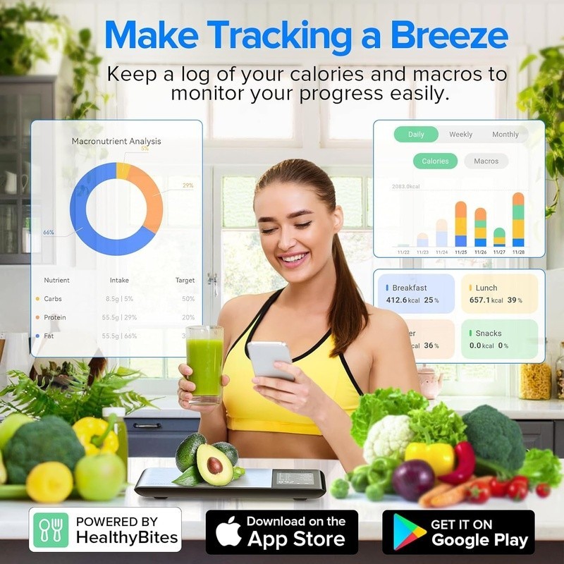Smart Food Scale W/ Nutritional Tracking App Barcode Scanner LCD Display 5000g