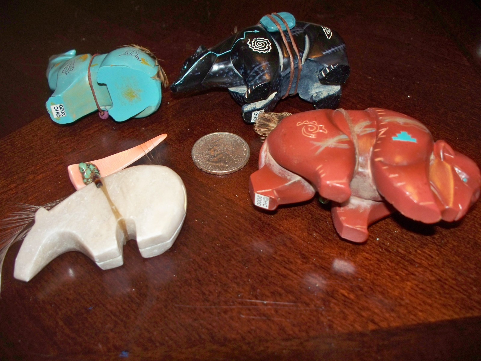 Lot of 4 Zuni Native American Carved Stone Bison Bear HC 2000 Fetish Figurines