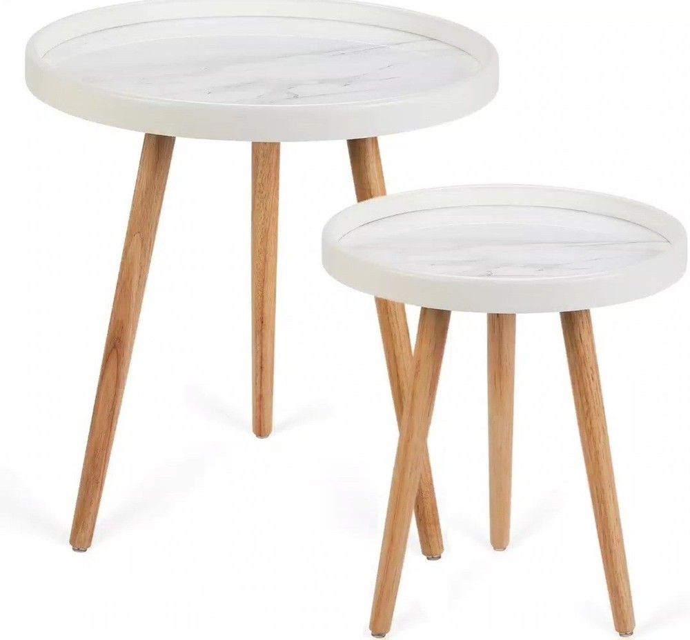 Round Side Table Set of 2,White Marble Pattern Tray Shaped Small End Table,Ci...