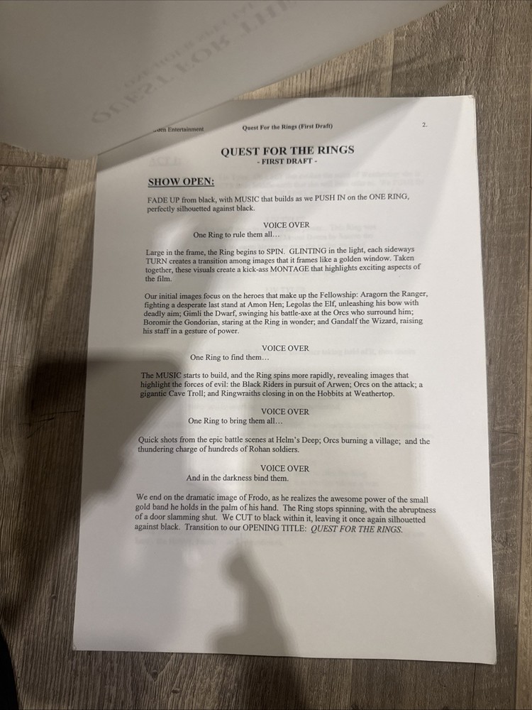 Quest For The Rings - One-Hour Special For Fox," dated April 23, 2001 Script