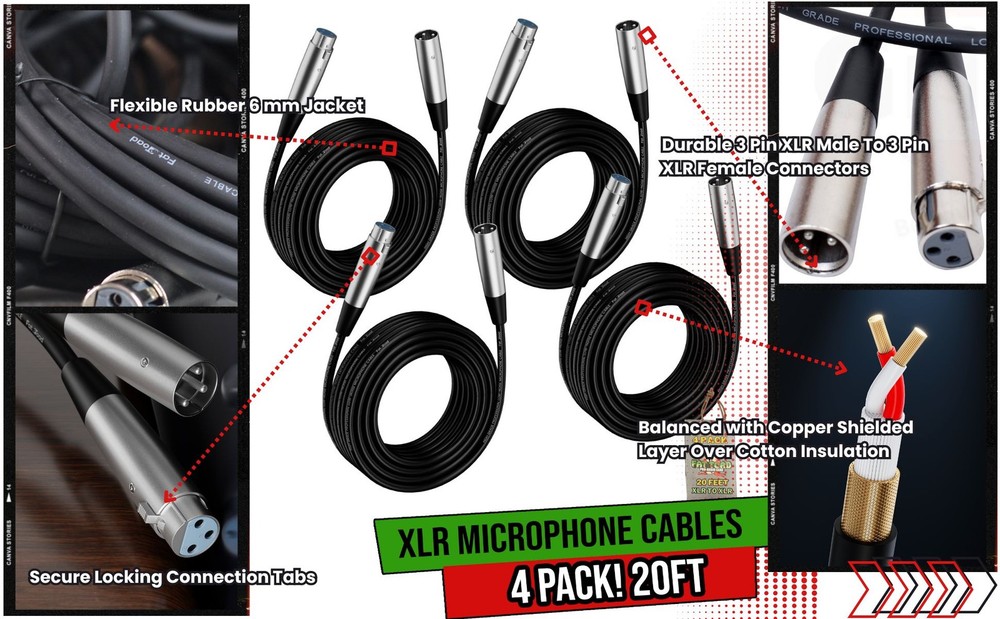Microphone Cables by FAT TOAD | (4 Pack) 20ft Pro Audio XLR Mic Cord Patch