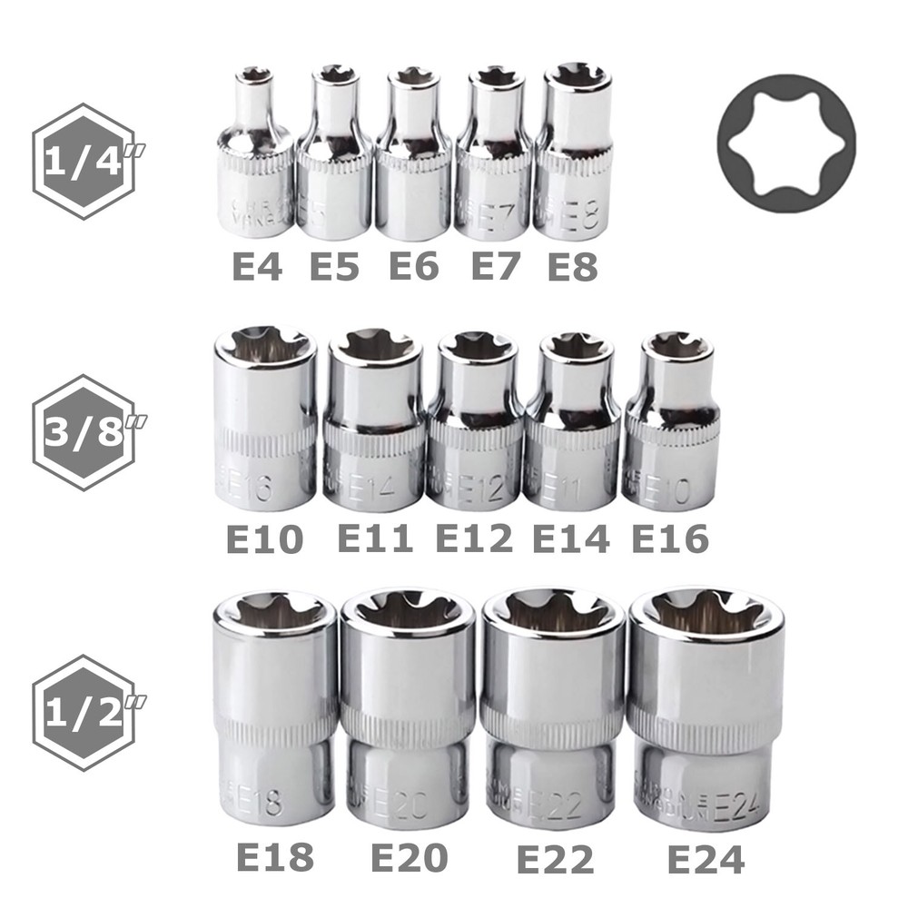 14 PCS E Torx Star Female Bit Socket Set 1/2" 3/8" 1/4" Drive E4 - E24 with Case