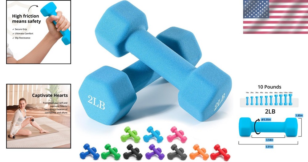Vibrant Neoprene Dumbbells Set (1-15 LB) - Hex Shape for Better Grip & Stability