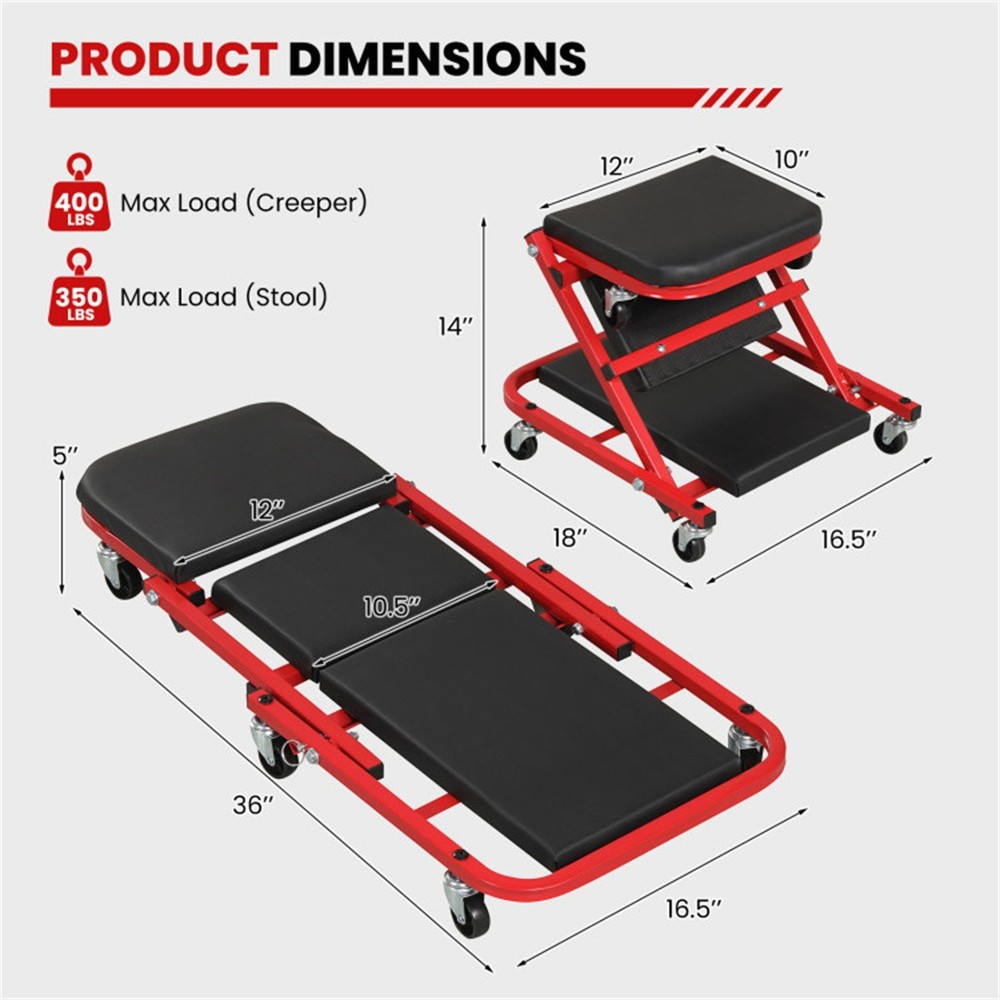 Foldable Mechanic Creeper Stool w/6 Wheels & Cushion - Garage Workspace