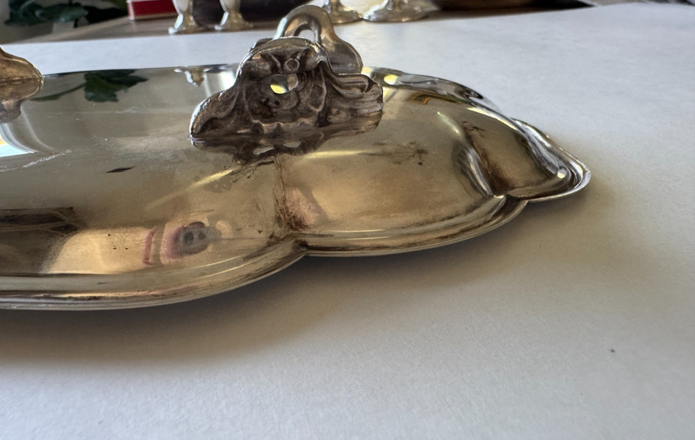 Antique 12” Heavy Silverplate Footed Serving Tray Rococo Victorian 13oz