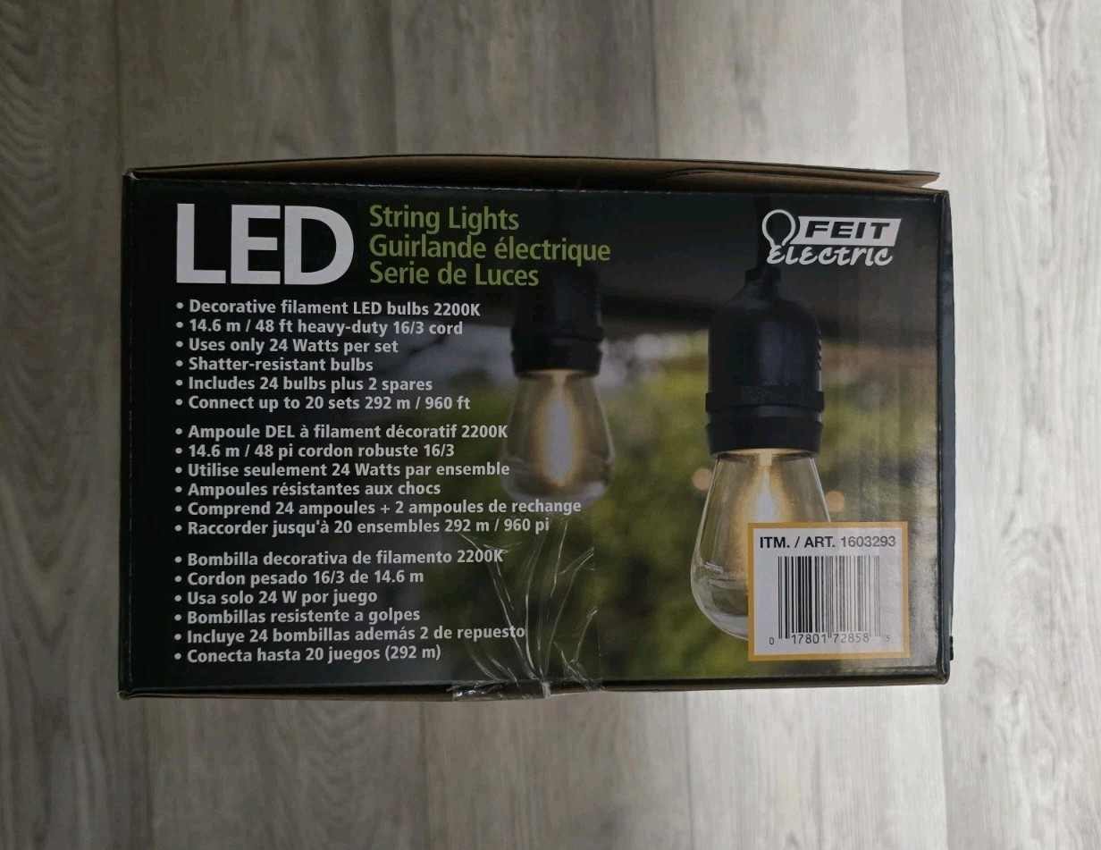 Feit Electric 48' LED Filament String Light 24 bulbs waterproof Indoor/outdoor