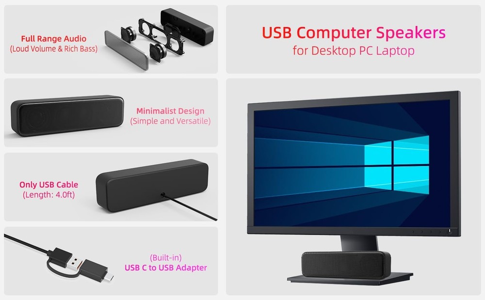 Computer Speakers for Desktop PC, External Laptop, YFQ86, Black
