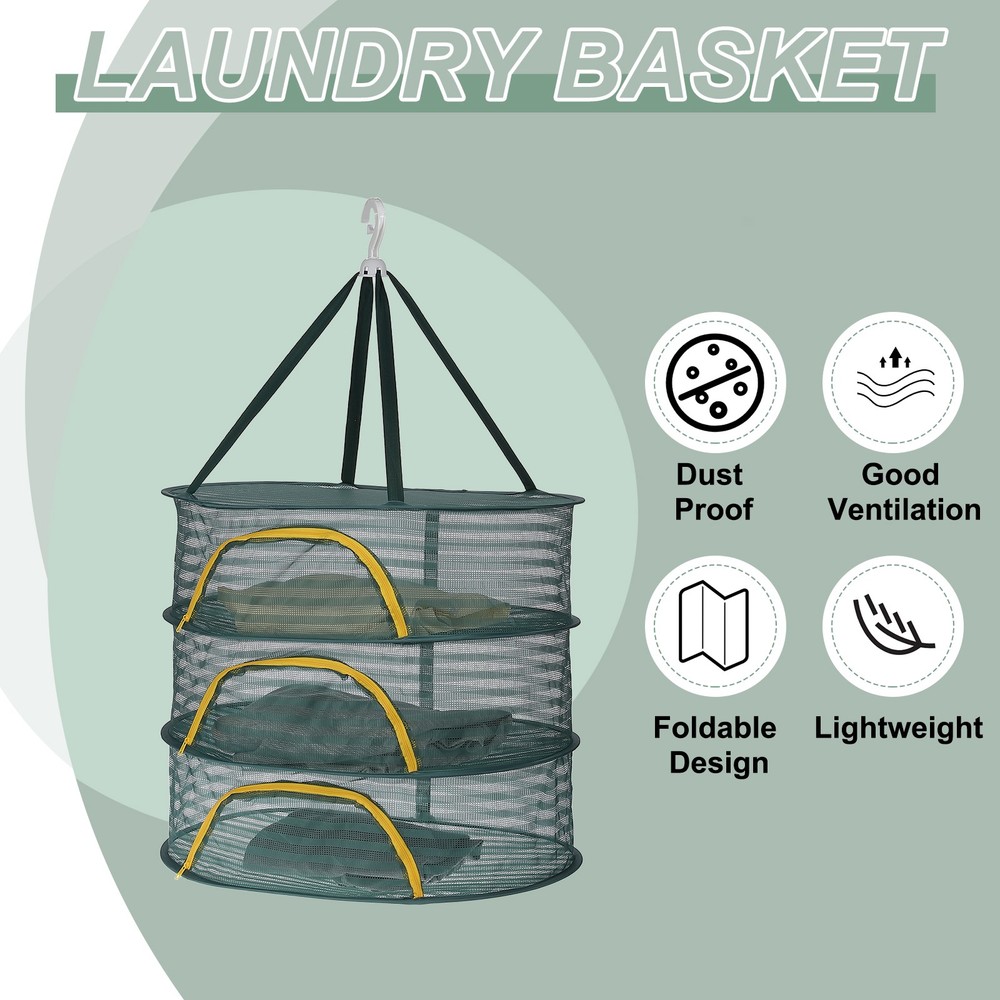 28" Herb Drying Rack Hanging 2 Layer Hanging Mesh Net with Zipper, Green