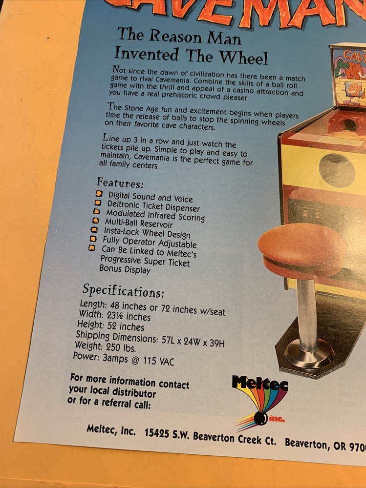 orginal 11-8 1/4” Cave Mania Meltech arcade game FLYER AD