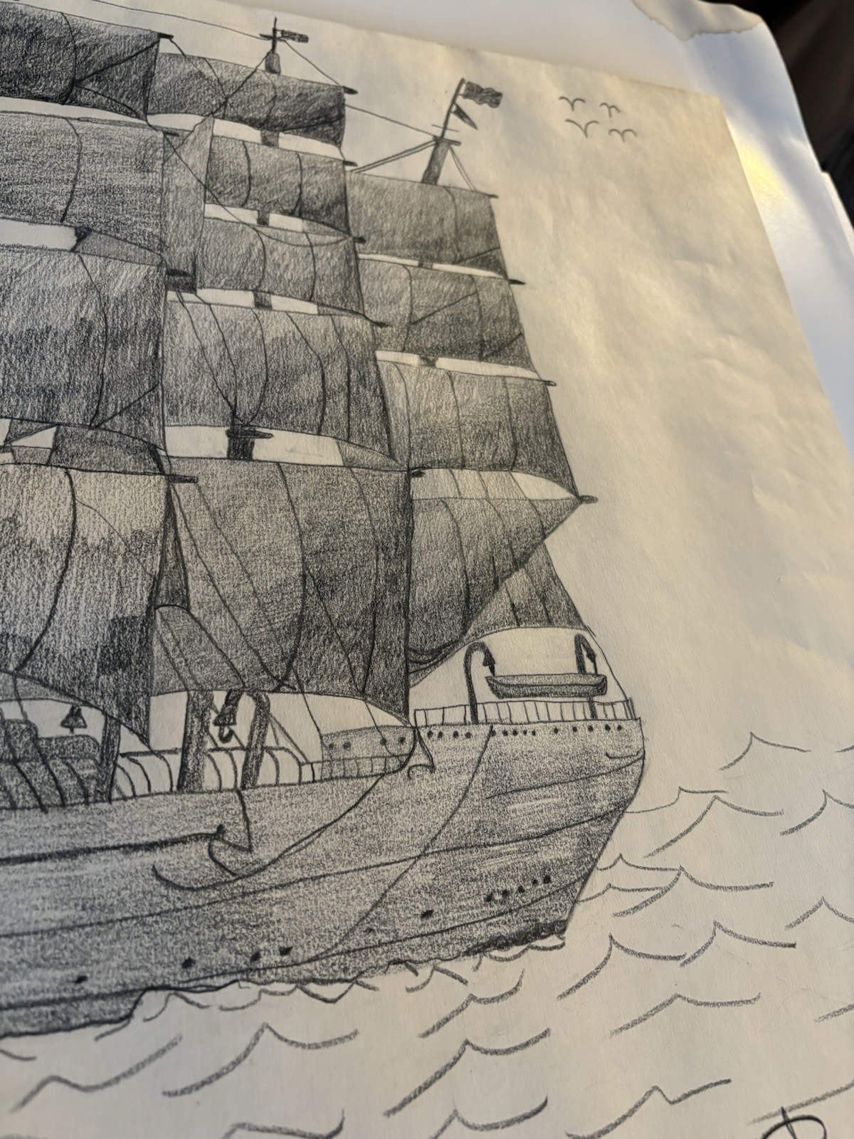 Pencil Drawing Norwegian Full Rigged Tall Sailing Ship Christian Radich Signed