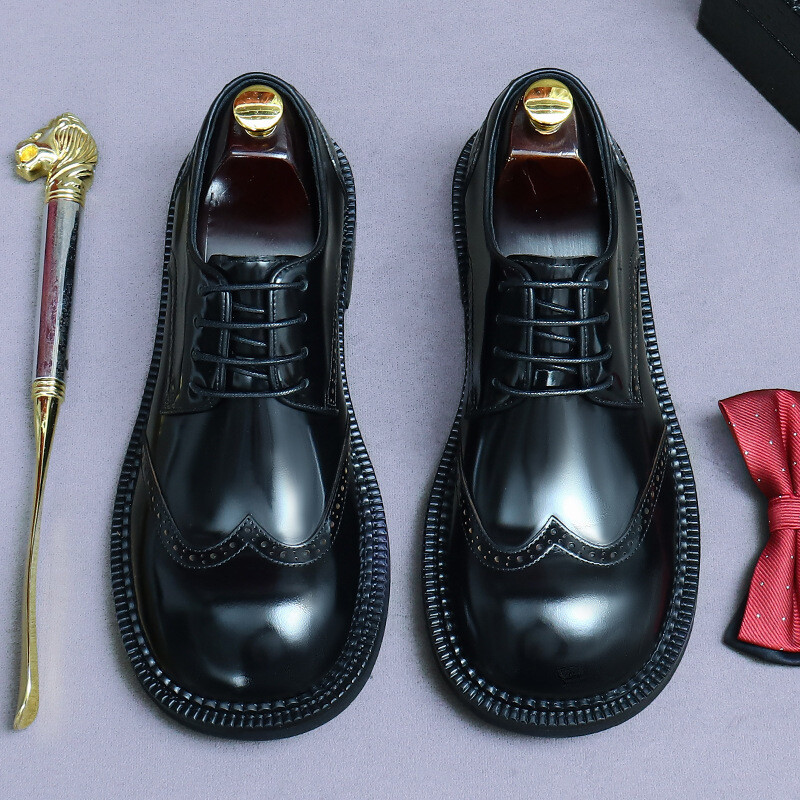 Mens Business Casual Leather Shoes Round Toe Cowhide British Shoes Wedding Shoes