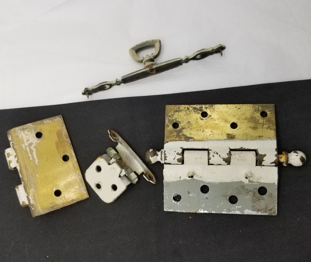 Vtg Brass Door Hardware Lot Hinges Pull Complete & Incomplete Painted Salvage