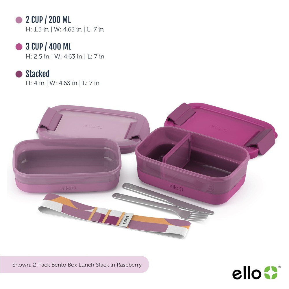 Ello 2-Pack Lunch Stack Plastic Food Storage Container 2 & 3 Cup, Raspberry