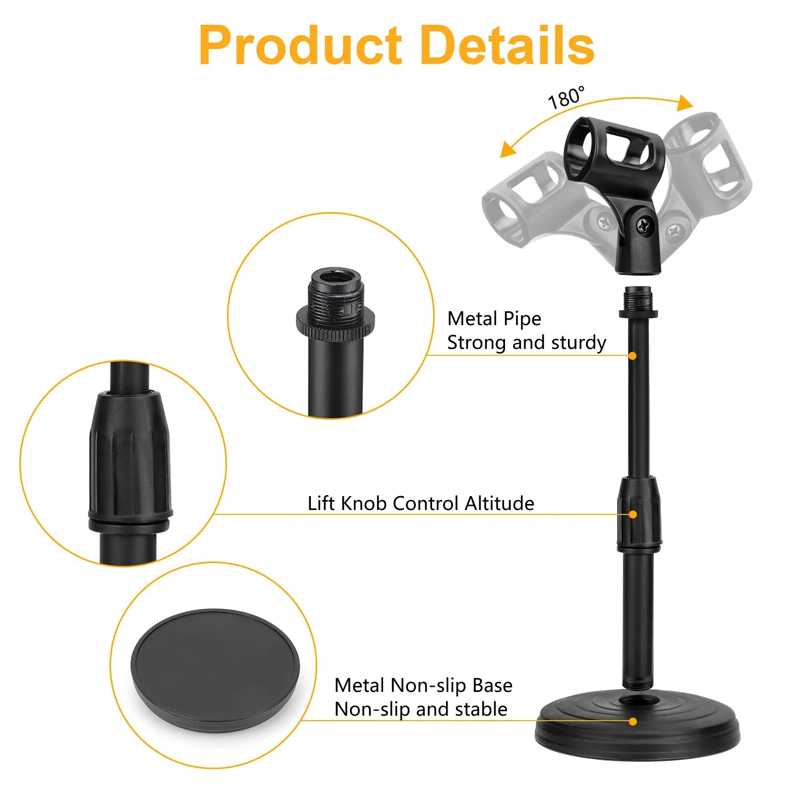 Adjustable Lifting Desktop Microphone Stand Mini Weighted Round Base w/ Mic Clip