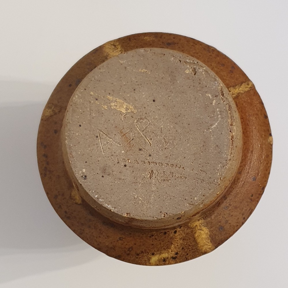 Vintage MCM Earthenware Covered Jar Ash Glaze Threaded 6.5"H Signed