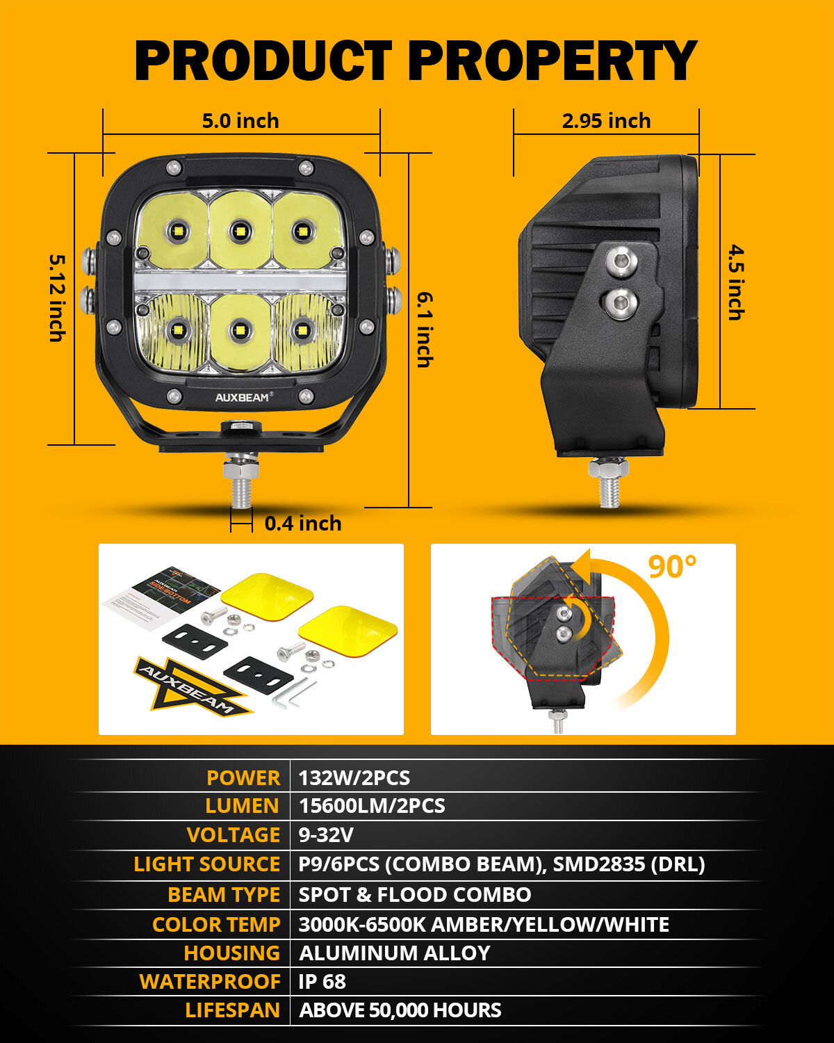 AUXBEAM 5" 132W 15600LM LED Driving Lights Pods Off Road Amber DRL+Black Covers
