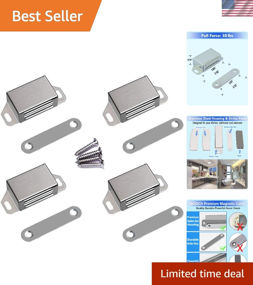Rustproof Magnetic Door Latch - 30lb Pull Force, 4-Pack for Cabinets & Closets