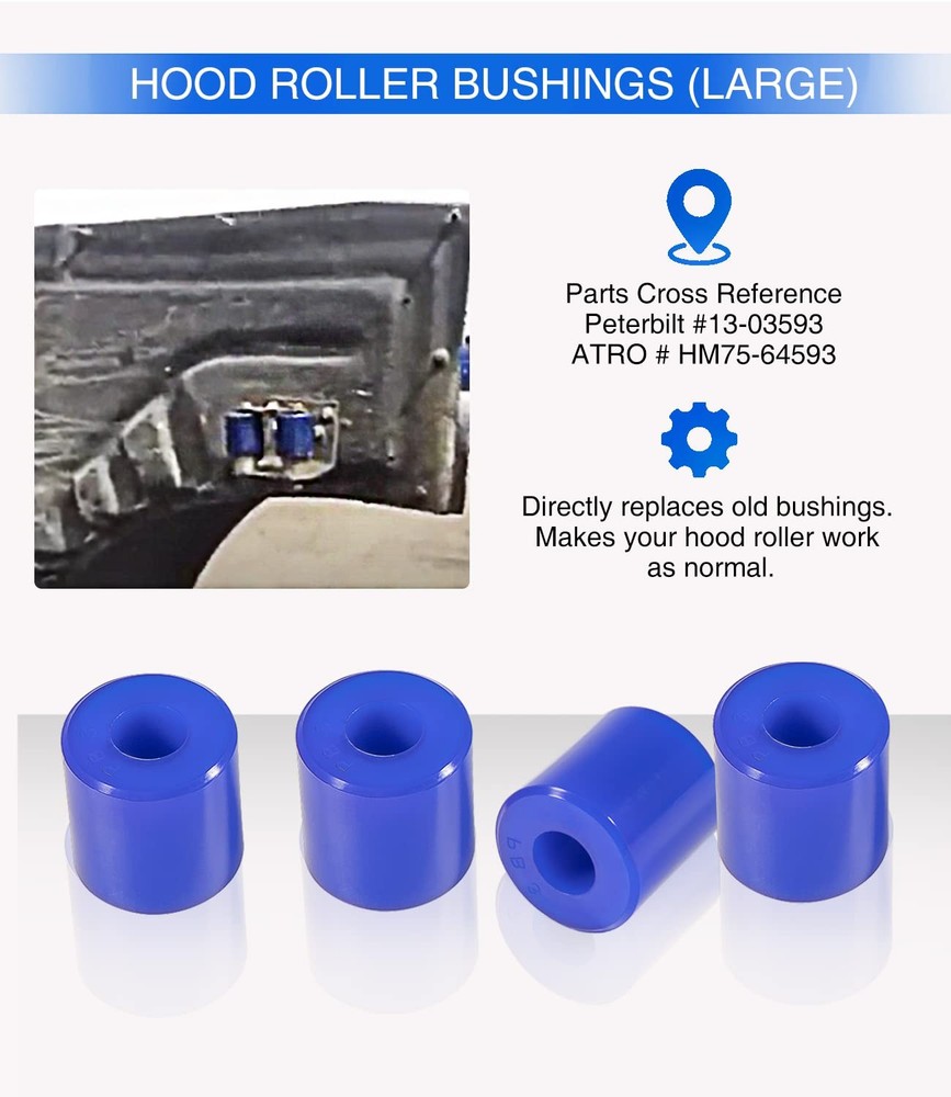 8 Pack Hood Roller Bushings for Peterbilt 357, 375, 379, Reference Part Blue