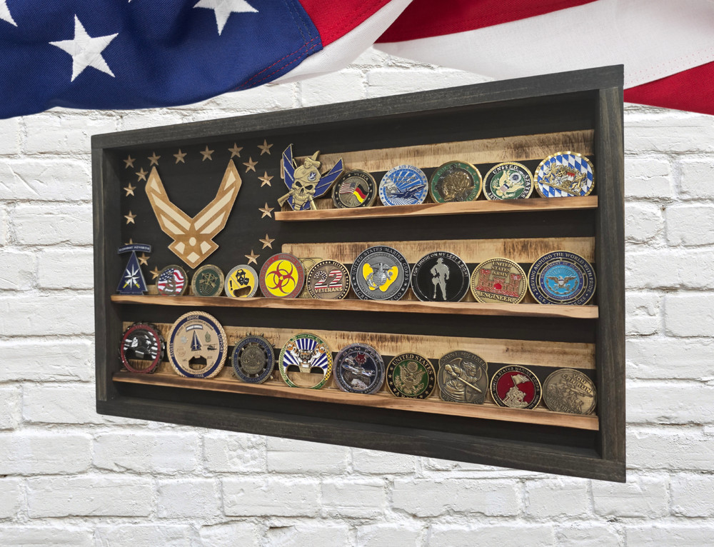 US Air Force Challenge Coin Display Rack Holder - Rustic American Flag - USAF