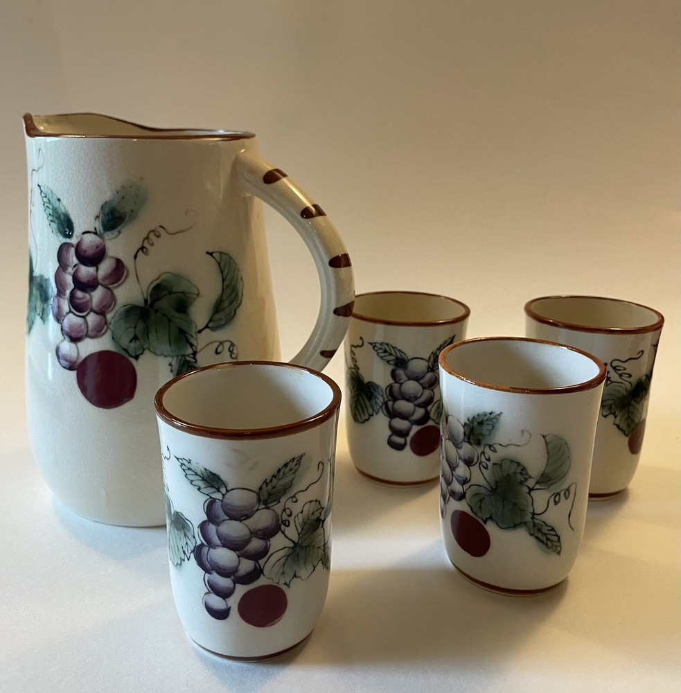 Vtg Ceramic Pitcher & Cups | Hand Painted Grape Design Jug Glasses