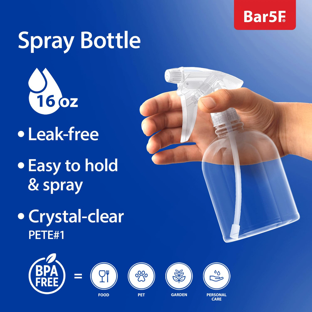 Bar5F Plastic Spray Bottle, 16 Oz | Leak Proof, Empty, Clear, Trigger Handle, Ad