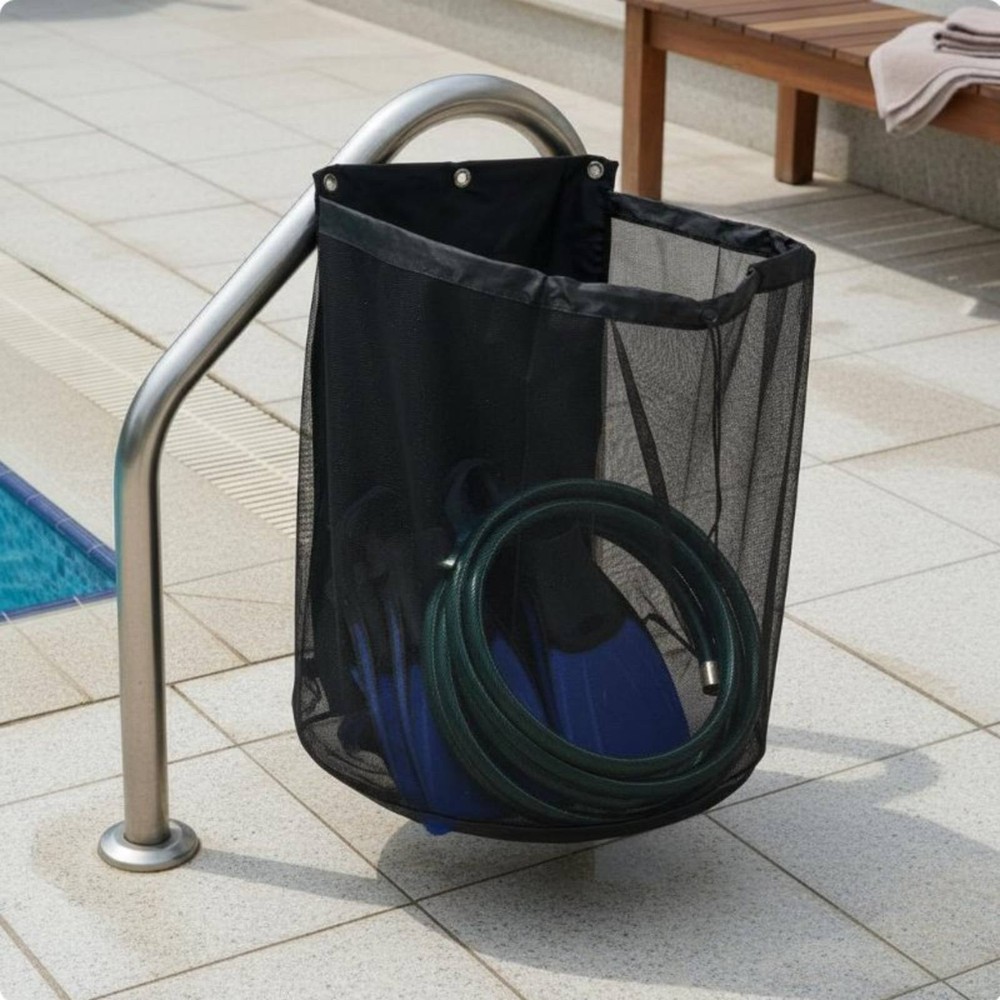 Fence Hanging Pool Organizer Adjustable Straps Poolside Hanging Mesh Bag