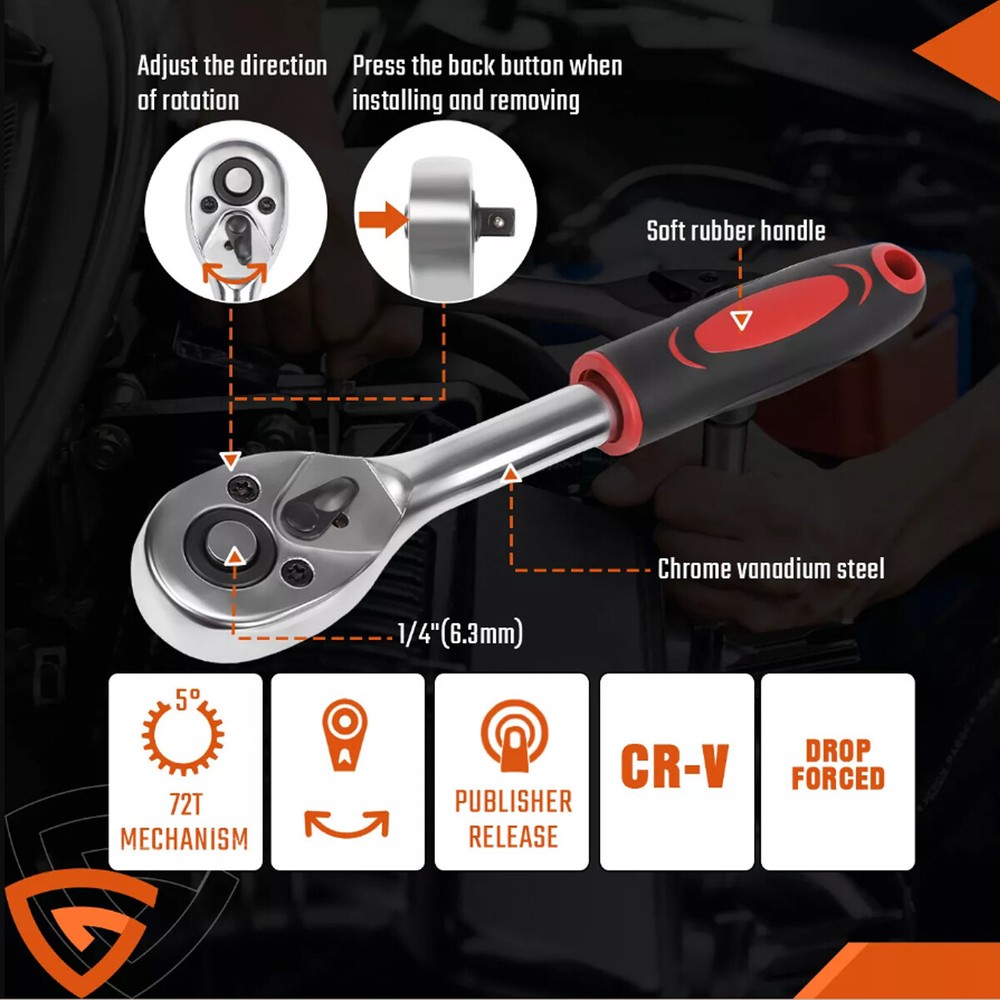 53 Pcs Socket Set 1/4" Drive Socket & Ratchet Set 6-Point SAE & Metric Tool Set