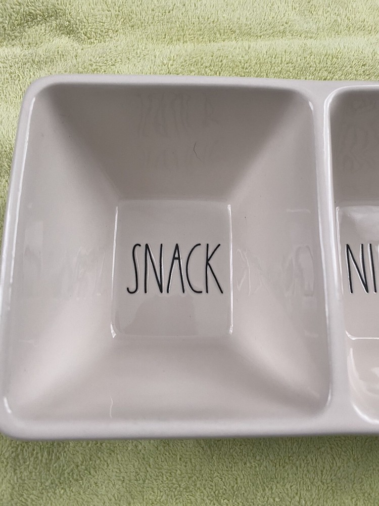 Rae Dunn White Ceramic “SNACK" "NIBBLE" & "BITE" 3-Compartment Dip Tray EUC!!