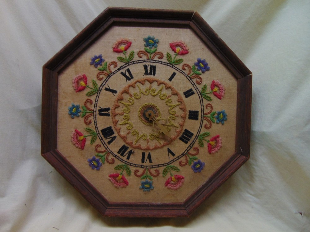 Vintage Handmade Floral Needlepoint Framed Clock~~AS IS~~Does Not Work