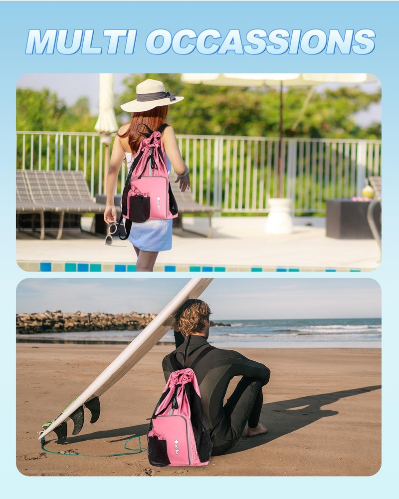 Mesh Swim Bag Drawstring Backpack Beach Pool Gym Workout Gear Holder