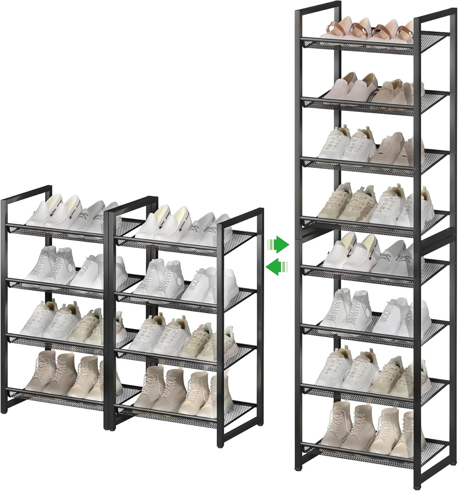 Metal Tall Shoe Rack, 8-Tier Stackable Shoe Shelf, with Adjustable Flat or Angle