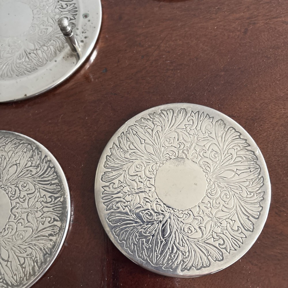 Vintage Silver Plated Coaster Set 6 Piece With Holder Engraved Tableware