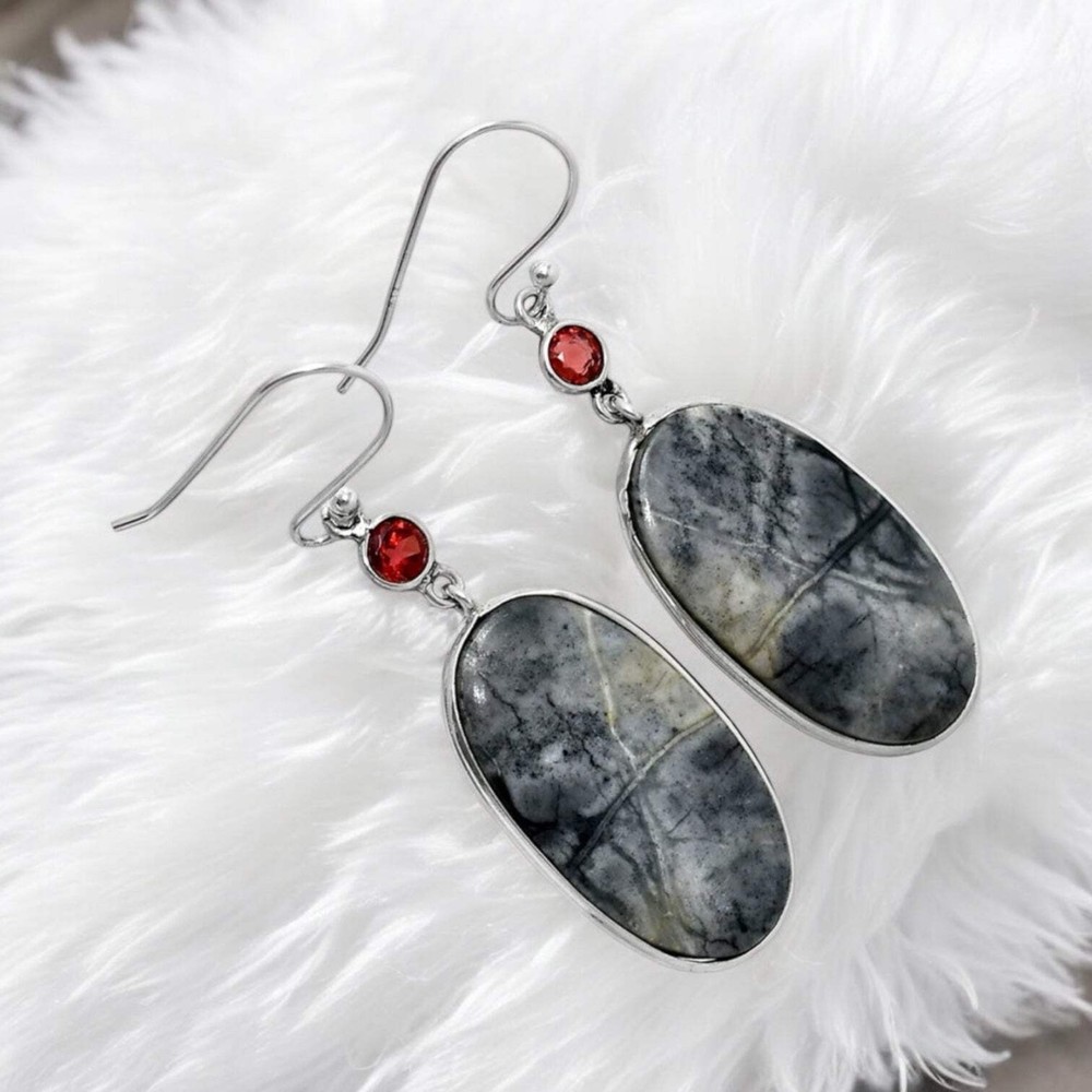 Picasso Jasper & Garnet Solid 925 Sterling Silver Earrings