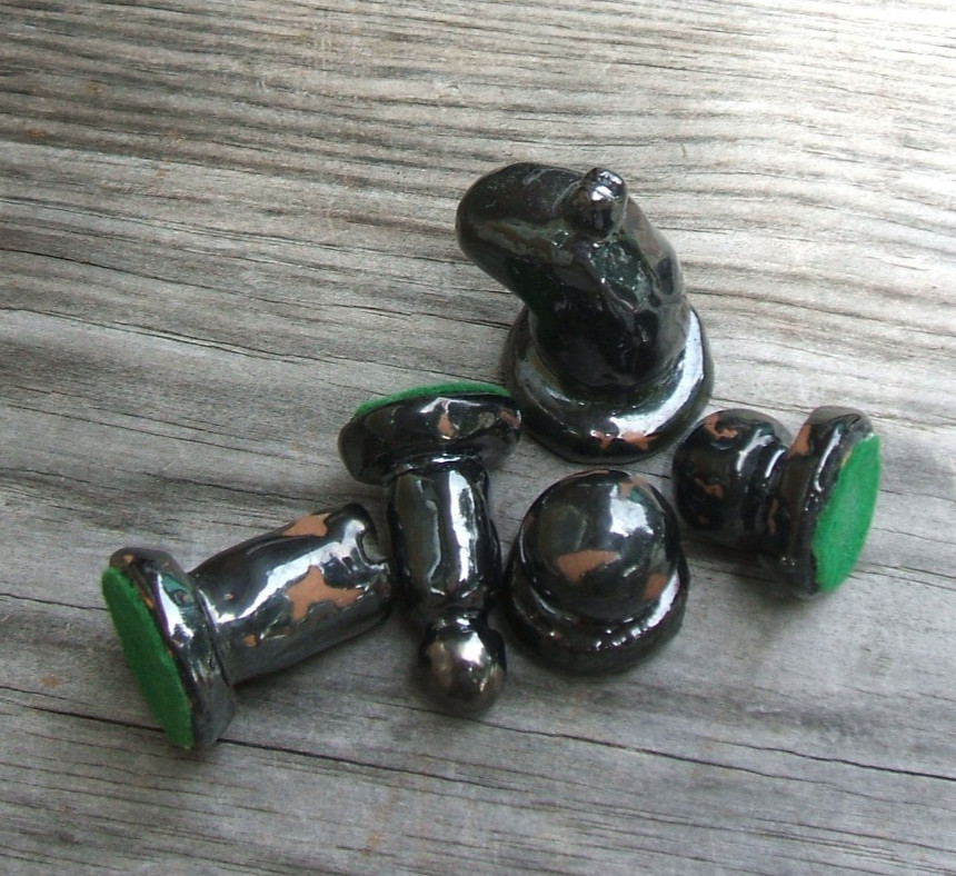 OOAK unique full set ceramic chessmen unusual handmade glazed fired w/extra pawn