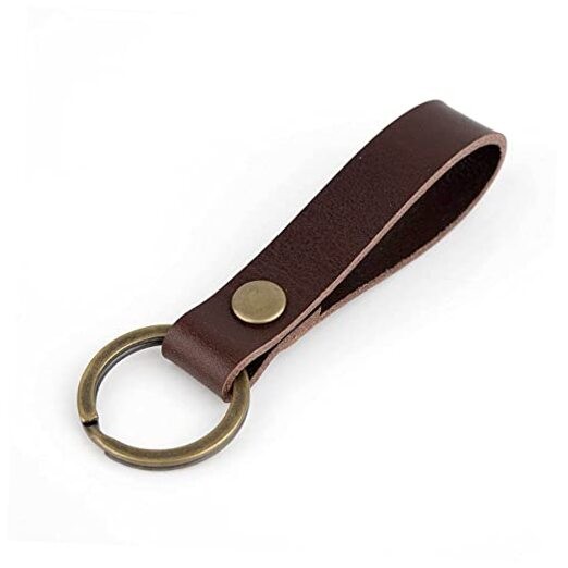 PU Leather Keychain Solid Metal Bronze Handcraft Key Ring Coffee Colour