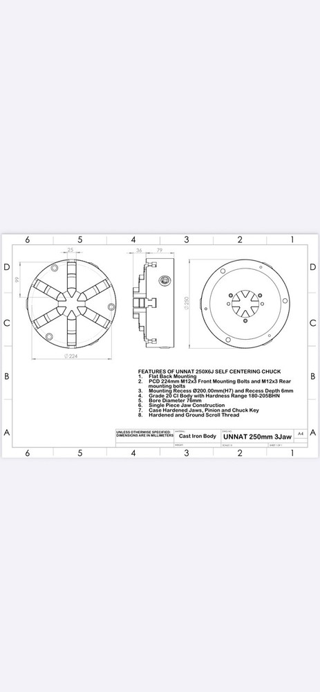 10" 6-JAW SELF-CENTERING Solid Jaw Lathe CHUCK, Front Mounting W. Extra Jaws