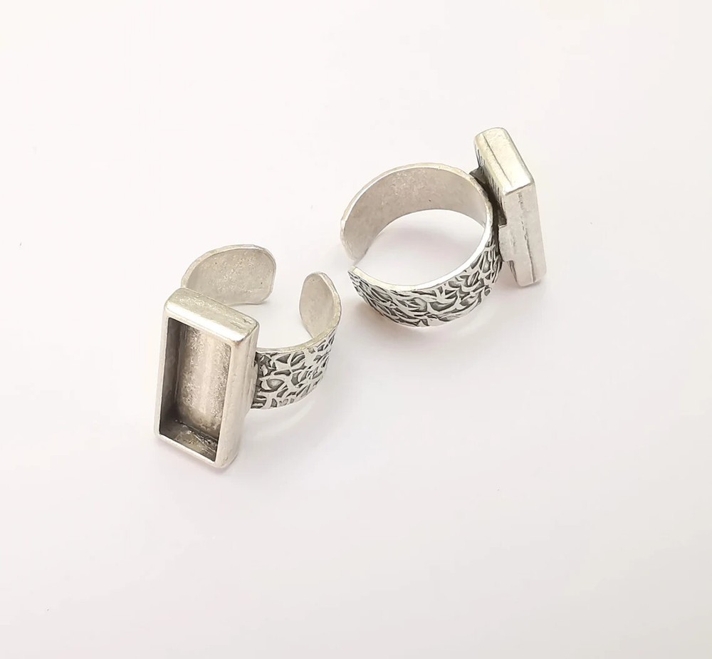 Rectangle Antique Silver Ring Blank Settings, Cabochon Mounting Adjustable Resin