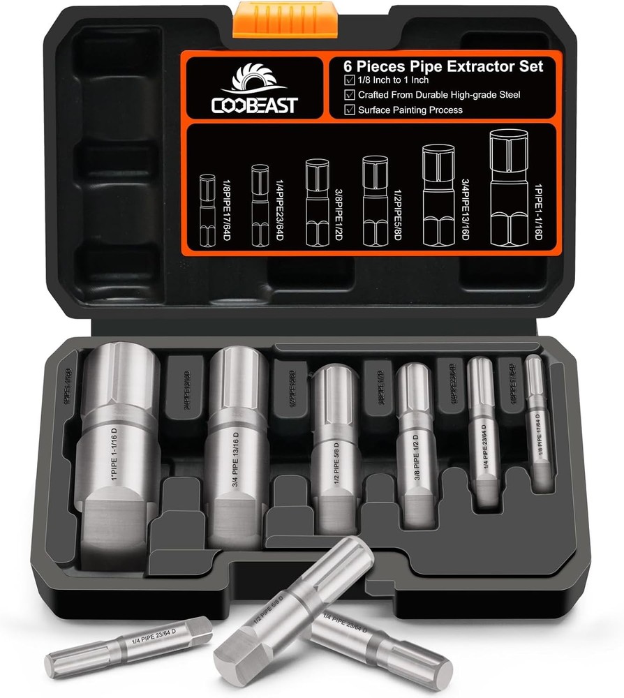 Pipe Extractor Set, Heavy Duty 6pcs Size-Marked Broken 6PCS, Black