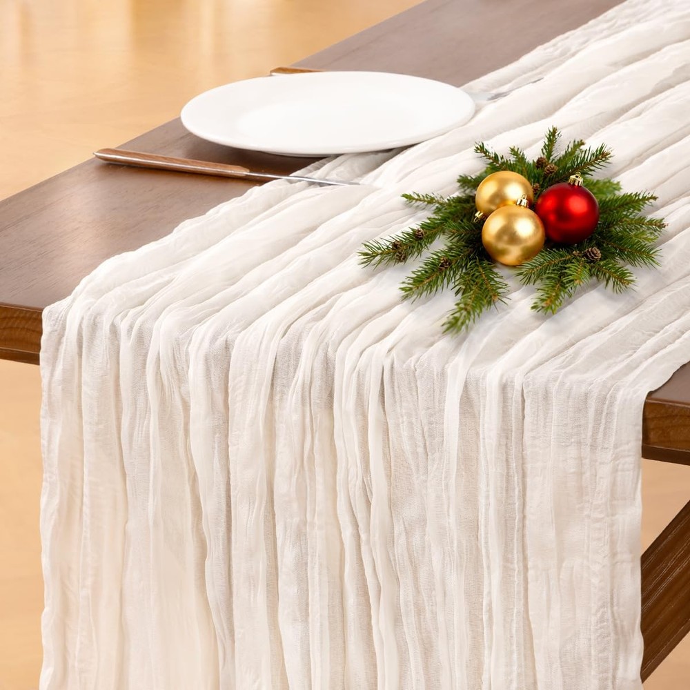 Boho Cheesecloth Runner, 10FT Rustic Table Decor, Christmas Holiday, White
