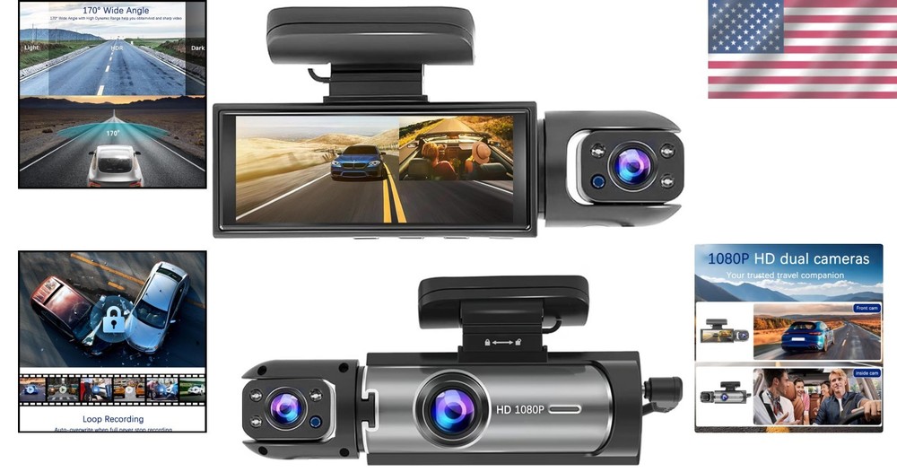Front & Inside HD Dash Cam with Infrared Night Vision & Loop Recording Functio
