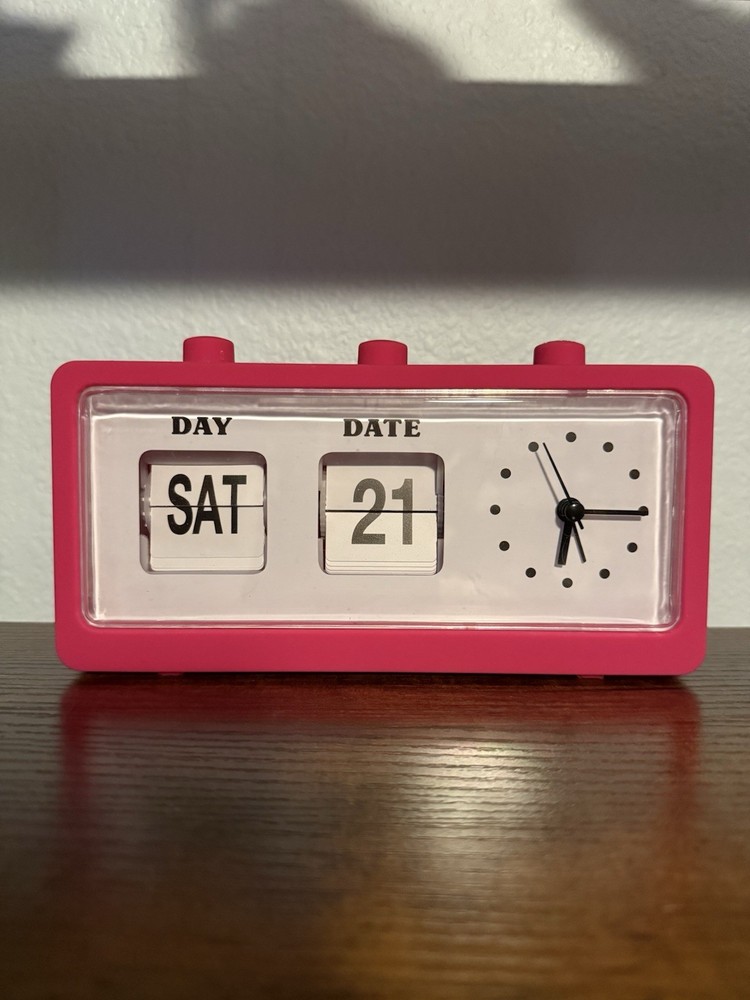 Pink Flip Analog Desk Clock Quartz Date Display Plastic