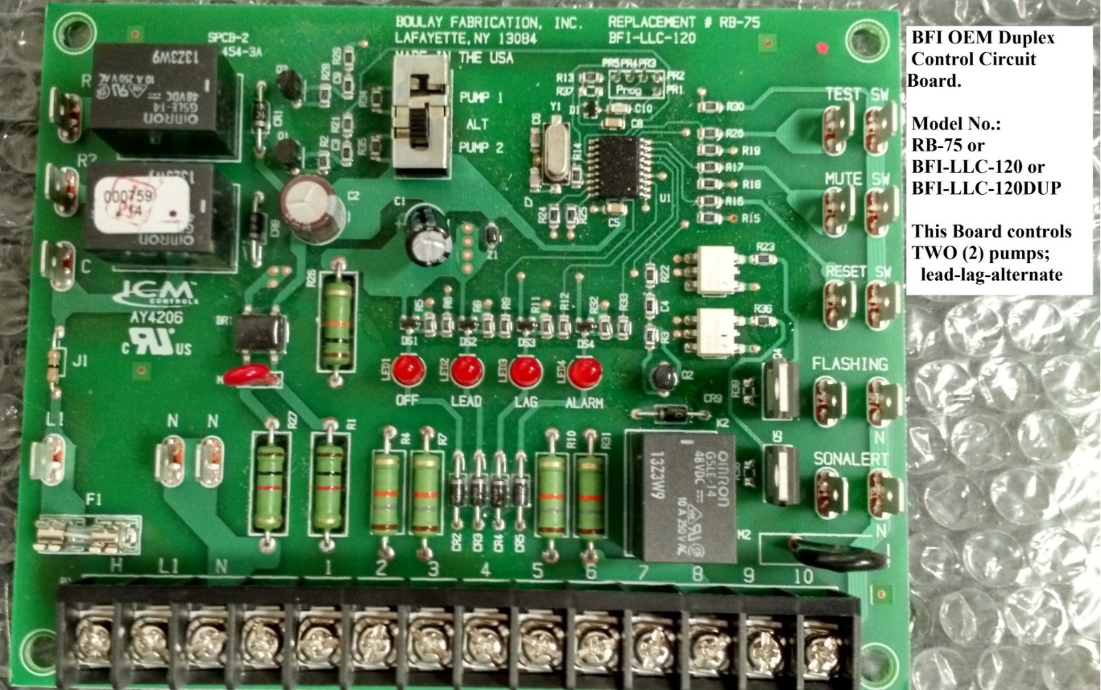Duplex Pump Logic Control Board, Goulds RB-75,Boulay BFI-LLC-120, fits SES Panel