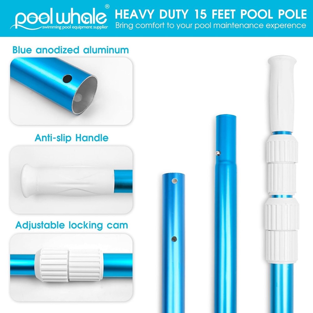 Premium 15ft Telescopic Pool PoleAdjustable 3-PieceTelescopic Pool Cleaning Pole