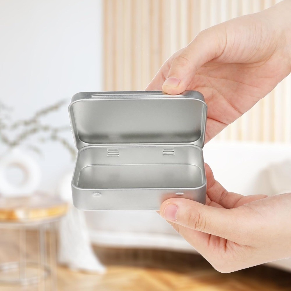Hinged Lid Rectangular Small Metal Storage Tin Box Silver Portable Container