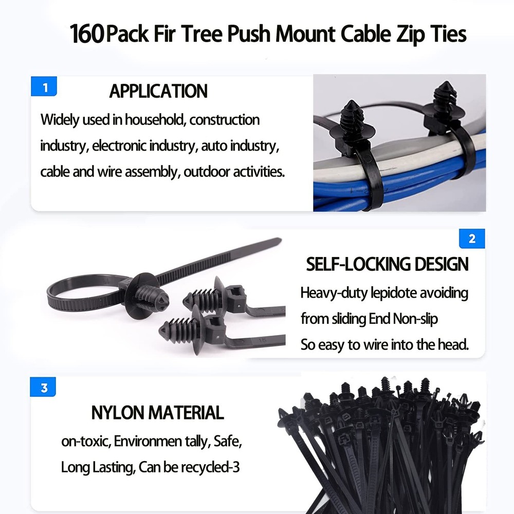 160Pcs Universal Nylon Push Mount Cable Zip Tie, Self Locking Cable Strap